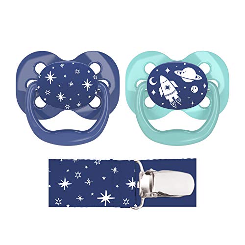 Image of Dr. Brown’s Advantage 100% Silicone Baby Paci Symmetrical Soother, 0-6m, BPA free, Blue, 2 Pack + Clip