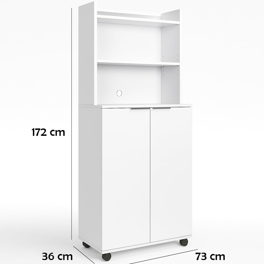 BAKAJI Coffee Station da Ufficio Mobile con 4 Ruote Piroettanti con Freno, Armadio Salvaspazio Stazione del Caffè, Credenza Angolo Bar e Snack Multiuso, Mobiletto con 2 Ante Bianco