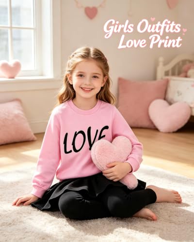 Image of Little Girls Outfits Clothes Toddler Long Sleeve Heart Print Hoodie Shirts Top + Leggings Kids Clothing Set