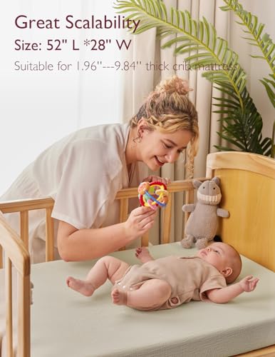 Image of Momcozy Muslin Standard Fitted Crib Sheets, 52 inchx28 inch, 2 Pack Soft Breathable Natural Cotton Baby Mattress Sheet, 360 Mattress Wrapping No Slip Boys Girls Neutral Toddler Bed Sheet, Green Grey