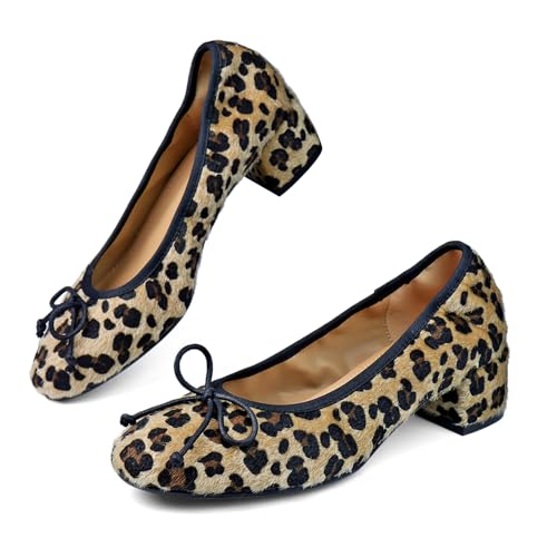 POYOIOR Women’s Ballet Shoes Leopard Round Toe Mary Jane Shoes Women Animal Print Wide Width Chunky Heel Ballerina Shoes with Bow Tie Leopard Size 9