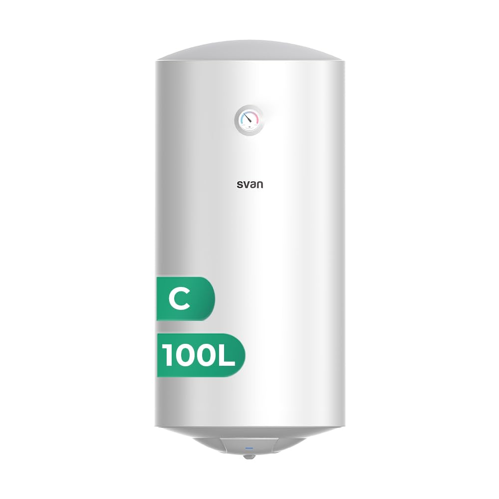 Svan Termo Eléctrico Vertical 100 Litros ST1001. Instalación Vertical, 1500W, Incluye Kit de Montaje, Resistencia de Acero inoxidable, Blanco, Eficiencia Energética Clase C