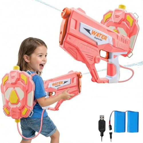 Image of VikriDA Bagpack Electric Water Gun with Free Extra Rechargeable Battteries Powerful Water Guns Up to 40 FT Long Range, 1350CC Capacity Super Water Blaster Summer Toys for Pool - Pink