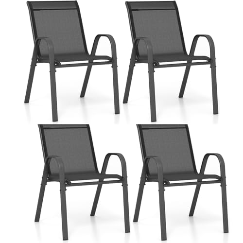 TANGZON Garden Dining Chairs Set of 2/4, Stackable Outdoor Armchairs with Armrests, Modern Accent Chairs for Balcony Poolside Backyard (Black, 4PCS)