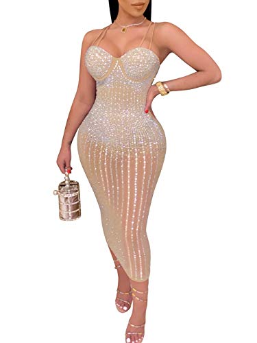 JURIS Women Sequin Spaghetti Strap Dress Sexy Party Club See Through Mesh Bodycon Pencil Dresses M Apricot