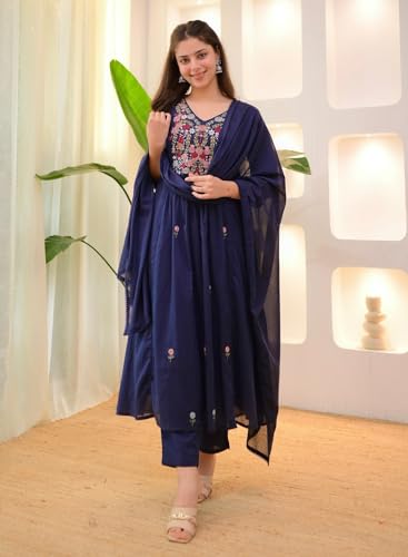 Image of KLOSIA Women Embroidery Solid Anarkali Kurta and Pant Set with Dupatta