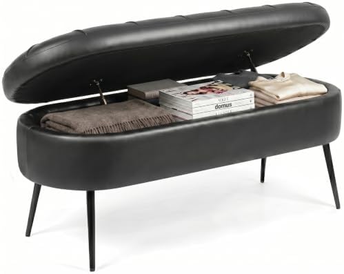Storage Ottoman Bench, 43.7" PU Leather End of Bed Bench Black
