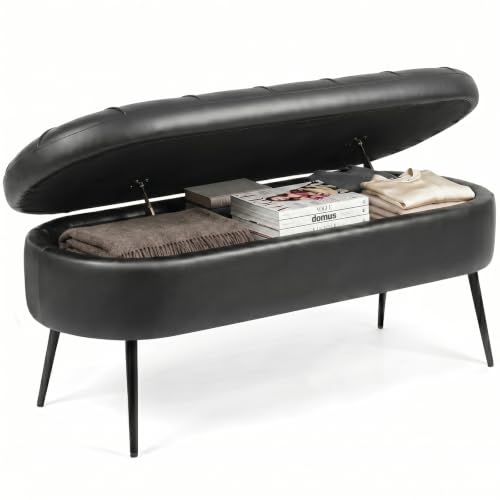 VATROS Storage Ottoman Bench, 43.7" PU Leather End of Bed Bench Black