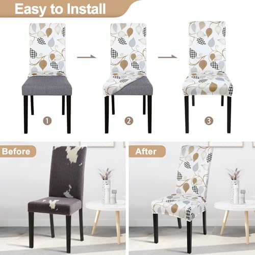 Image of SearchI Dining Room Chair Covers Set of 4, Stretch Printed Floral Parsons Chair Slipcovers Removable Washable Kitchen Chair Protector Cover for Dining Room, Hotel, Ceremony (Checked Leaf Pattern)