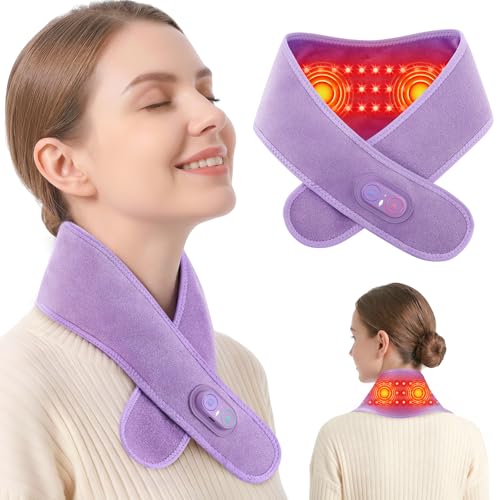 Cordless Neck Heating Pad for Pain Neck Massager with 660nm 850nm Red Light Heated Neck Wrap with 3000mAh Rechargeable 3 Levels Heat & Massage Purple