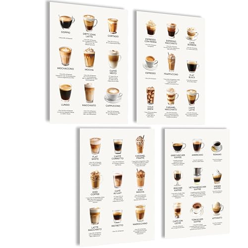 mojoliving Poster Kaffee Bilder Kaffee Bild Wandbilder für die Küche Poster Aesthetic Deko Küchenbilder Vintage Bilder Wohnzimmer Deko Küche (Coffee Führer Deutsch, 4x A4 | ohne Rahmen)