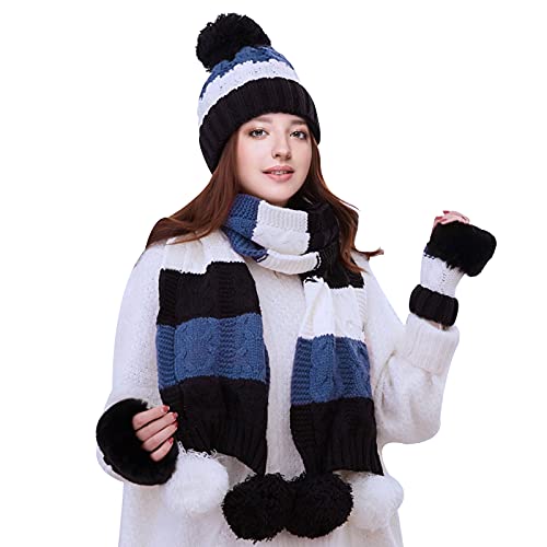 Women Girls Knit Beanie Hat Scarf and Gloves Set,Winter Fleece Lined Beanie Knit Hat with Pompom,Half Gloves and Long Scarf Black