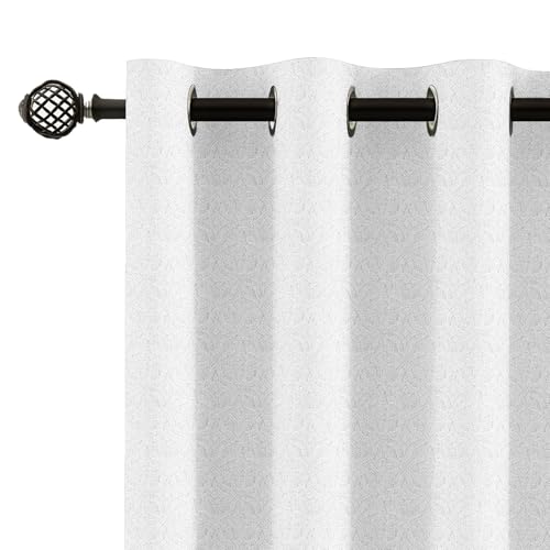 Image of LINENWALAS 100% Blackout Curtains for Door (8 Feet) - Set 2 Panels Linen Texture with Geometric Floral Pattern Complete Light Blocking with Thermal Insulated, Nose Reducing Backing (Cloud White)