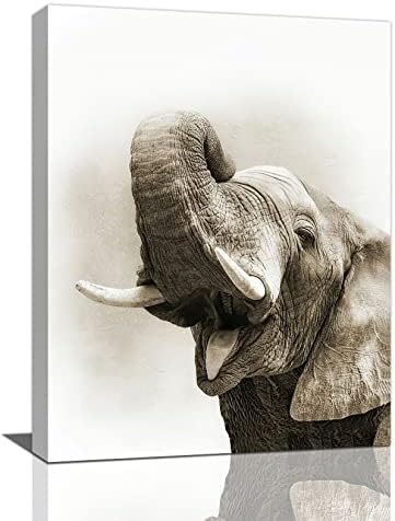 Funny Elephant Bathroom Wall Art Cute Elephant Pictures Wall Decor Black And White Canvas Prints Wild Animals Painting Framed Modern Artwork for Kitchen Dining Room Office 12"x16"