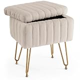 DUMOS Vanity Stool Chair, Ottoman with Storage, Makeup Cute Soft Small Footstool, Modern Style Faux Fur Seat with 4 Metal Legs & Adjustable Feet for Dressing, Living Room Bedroom Dorm, Camel