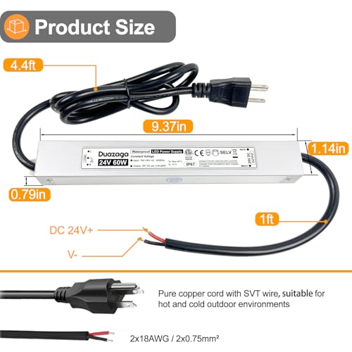 Image of 60W LED Driver 24V Power Supply 2.5A 24VDC Low Voltage Transformer | IP67 Waterproof, ETL Listed, 110V 120VAC to 24 Volt, AC to DC Converter, Plug with 4.4ft Cord for Outdoor LED Lights and Sign