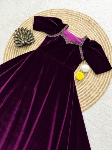 Image of Women Velvet Gown, Full Length, Puff Sleeves, Embellished Neckline, Wedding & Festive Occasion