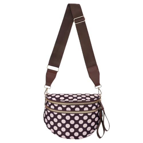 Crescent Crossbody Bum Bag for Women, Large Nylon Sling Belt Bag, Trendy Checkered Fanny Pack, Multi-Pocket Shoulder Purse (Polka Dot - Coffee)