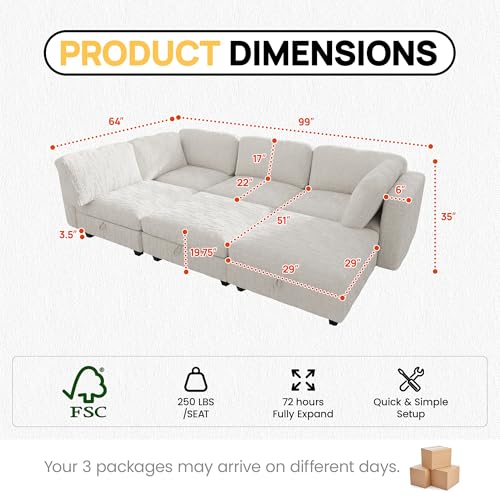 Image of 99 inch Modular Sectional Chenille Sofa bed with Hidden Storage, Comfy Modern 6 Seater Oversized Deep Seat Couch, Modular Sectional with Ottoman and Removable Cover for Living Room, Apartment, Beige