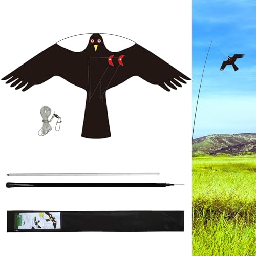 eyijklzo Bird Scarer Flying Kite Crops Farm Flying Bird Hawk Flying Kite with 4m Telescopic Pole, Black