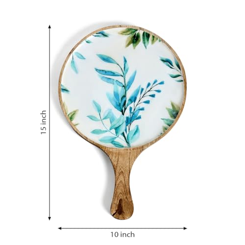 Image of SAAGA White and Aquamarine Mango Wood Pizza Serving Tray - Stylish Round Snack Plate (15x10 Inch) for Kitchen, Home, Cafes & Restaurants