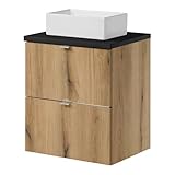 LAVABO SOBRE ENCIMERA: La encimera, de 50,4 cm de ancho y 2,5 cm de grosor, está equipada con un lavabo de cerámica. Con una encimera NEGRA y lavabo rectangular en BLANCO, el mueble NEWPORT destaca por su diseño audaz y sofisticado. El lavabo sobre la encimera crea un efecto visual MODERNO y refinado, mientras el acabado en ROBLE Coast Evoke aporta calidez y elegancia. Esta combinación lo convierte en una pieza única que transforma cualquier baño.