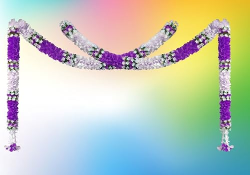 Image of Artificial White Gajra Jasmine & Colourful Flower Strings for Wedding Decorations, Event Decor Perfect for Diwali, Ganpati & Pooja /Temple /Mandir Decoration, 5ft (12, Purple - 5ft)