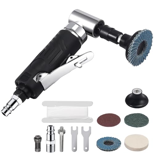 EYPINS Roloc Pneumatic Angle Grinder 1/4 90psi (6.35 Bar) 20,000 RPM with 4 Different Discs 2 Chucks 3mm/6mm for Preparing Surfaces for Soldering, Polishing and Grinding Bodywork Lustre