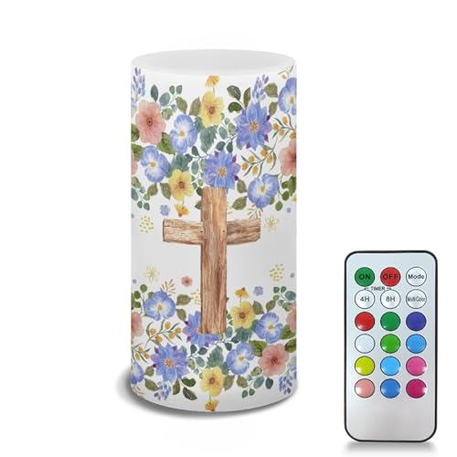 Image of Poceacles Floral Cross Flameless Candle Electric LED Lights with Dancing Flame, with Timer Remote 12 Color Lights, 3 AAA Batteries Operated (Not Include), Exquisite Home Decoration