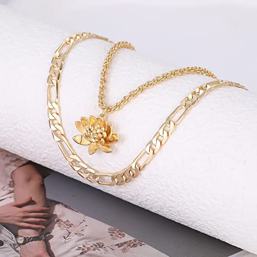 Gold Ankle Bracelets For Women 14K Layered Flower Lotus Anklets Handmade Waterproof Cuban Link Initial Birthday Flower Anklets Bracelets Jewelry Gifts Women Gifts #TOP7