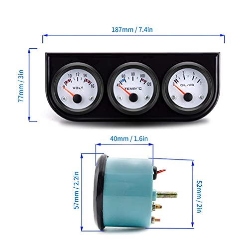 Dreifach-Messgerät-Kit, 3in1 Auto Dreifachanzeige Elektronisches Dreifachmessgeräte Wassertemperatur + Volt + Öldruckmesser 52 mm Instrument