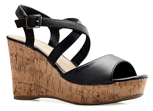 Olivia K Women's Open Toe Strappy Mid Wedge Heel Wood Decoration Buckle Shoes Sandals - Image 6