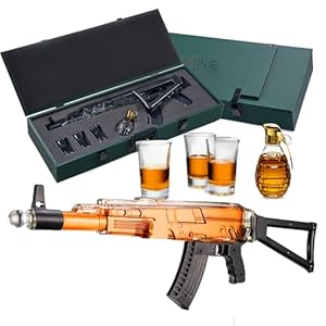 Gun Whiskey Decanter Gift Set – 25oz With Three 3oz Shot Glasses + Grenade Bottle – Unique Dad Birthday Ideas for Men, Daughter Son, Personalized Liquor Dispenser, Scotch Bourbon Vodka