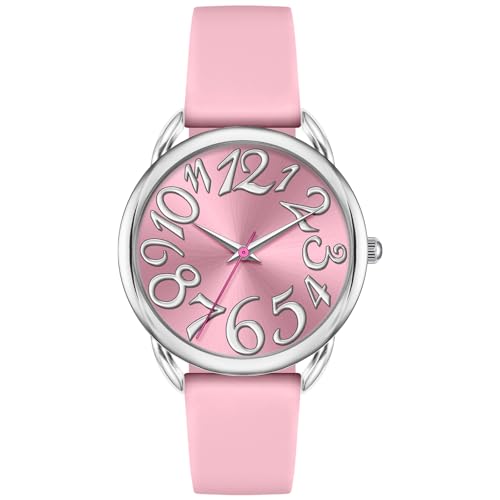 Bisley Watch for Women Big Face Colorful Arabic Numeral Easy to Read Soft Silicone Strap Watch (Pink/Silver 35mm)