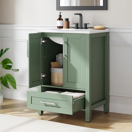 IDEALHOUSE 24' Bathroom Vanity with Sink, Freestanding Wooden Bathroom Vanity Cabinet with Soft-Closing Door and Metal Handle, Modern Floor Standing Storage for Small Spaces,Light Green