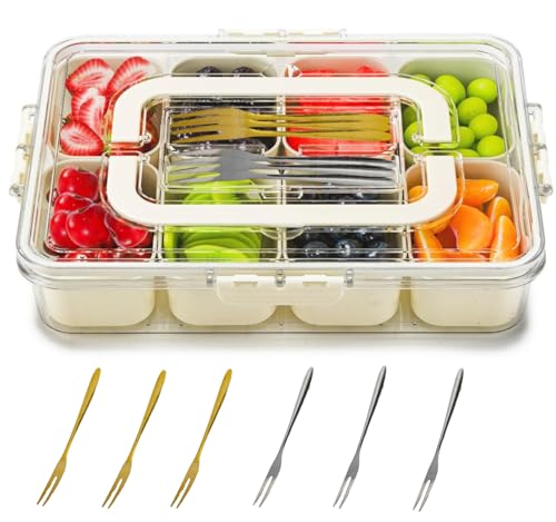 Snackle Box Container, Divided Serving Tray with Lid & Handle, Portable Snack Box Charcuterie Container for Nuts,Candy,Fruits, Snack Platter with 8 Compartments&6 forks for Party,Entertaining,Picnic