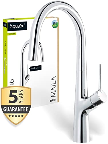 aquaSu® Maila 798853 - Rubinetto per lavello, con ugello a risparmio energetico, erogatore alto, cartuccia in ceramica, fissaggio gambo, nucleo in ottone, cromato, 798853
