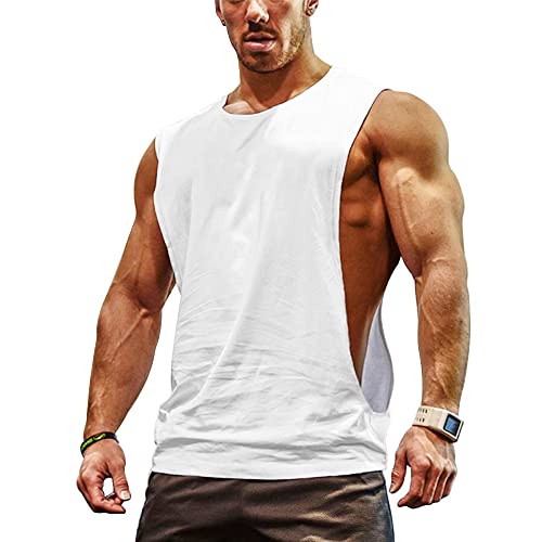 GYMAPE Herren Armloch Fallen Lassen SchnellTrocknend Tank Top für Workout Bodybuilding Ärmellose Muskelhemden Weiß L Cover
