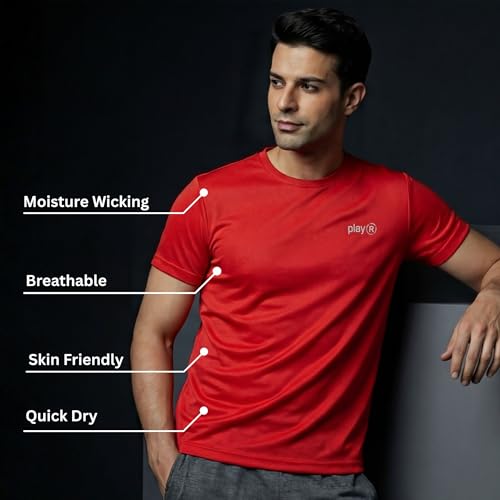 Image of playR Men's Polyester Adult Training Tee - Round Neck Half Sleeve Regular Fit DRIVENT, Lightweight Breathable Activewear for Gym Running Workout Yoga All Season