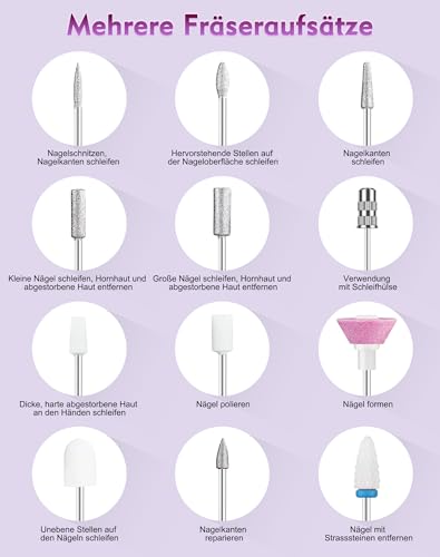 Fofile Nagelfräser Kabellos, 12 in 1 Elektrische Nagelfeile 9 Verstellbare Geschwindigkeit Fräser für Gelnägel Maniküre und Pediküre Set Elektrisch für Acrylnägel, Gelnägel Professionell Nail Drill
