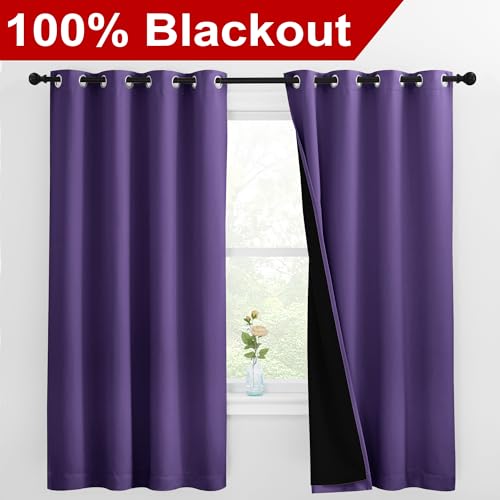 Image of NICETOWN 100% Blackout Curtains with Black Liners, Thermal Insulated Full Blackout 2-Layer Lined Drapes, Energy Efficiency Window Draperies for Bedroom (Lilac Purple, 2 Panels, 55-inch W by 68-inch L)