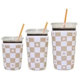 Xumbtvs 3 Pack Reusable Iced Coffee Sleeves - Insulator Neoprene Sleeve for Cold Beverages, Fashion Patterned Iced Coffee Cup Holder (Beige Checkered)