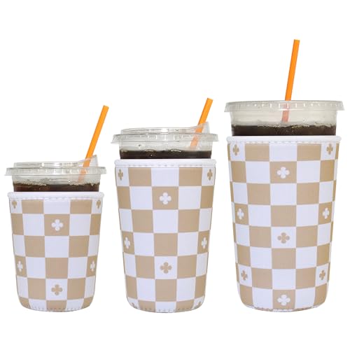 Xumbtvs 3 Pack Reusable Iced Coffee Sleeves - Insulator Neoprene Sleeve for Cold Beverages, Fashion Patterned Iced Coffee Cup Holder (Beige Checkered)