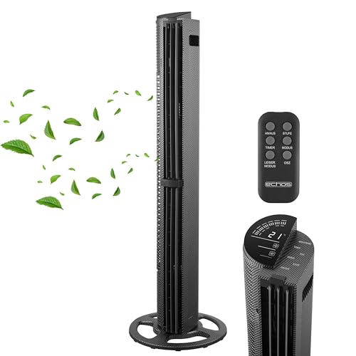 Echos Turmventilator Leise mit Fernbedienung & Kühlung 75W Standventilator mit 6 Geschwindigkeiten 3 Modi 15H Timer Oszillation Touch Display Raumtemperaturanzeige & Carbon Optik