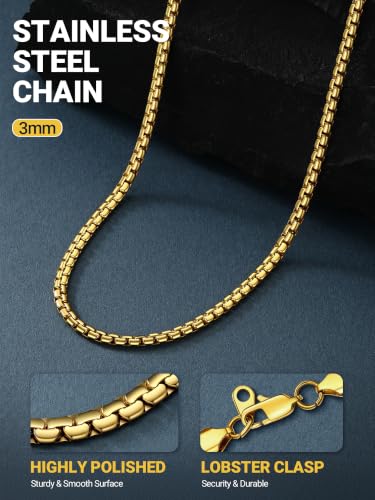 Image of PROSTEEL Stainless Steel Flat Box Link Chain Necklace for Men | Silver /Black /18K Gold Plated,2 /3 /4 /5 /6 /7 /8mm Width Chain with Strong Lobster Clasp /Waterproof Men Women Jewelry with Gift Box