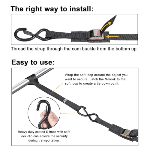 Ayaport Cam Buckle Tie Down Straps 8ft 1250lbs Break Strength 4 pcs Securing Straps with S Hooks for Motorcycle, Car, Truck, Dirt Bike by Ayaport - Image 4