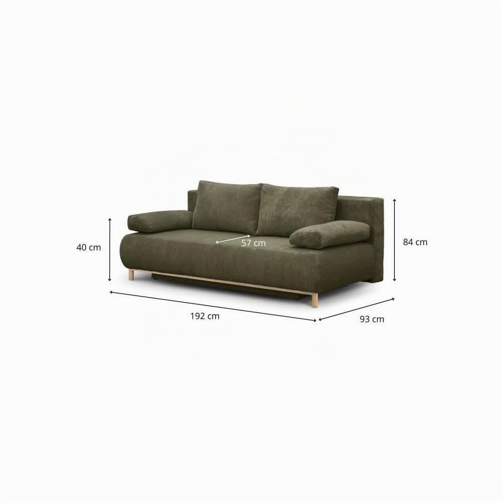 MIKA Banquette Convertible 3 Places Velours côtelé Vert Kaki - Coffre de Rangement - L 192 x H 84 x P 93 cm