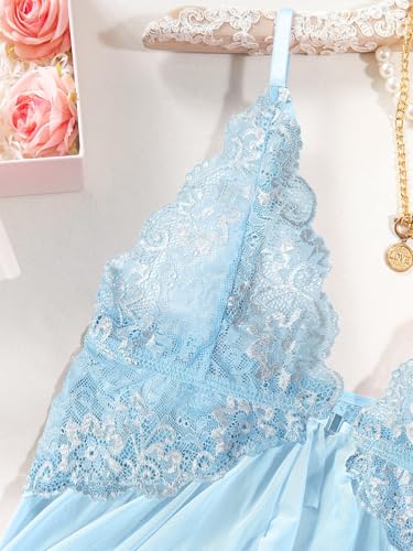 Image of Foxiny Sexy Open Front V Neck Ruffle Sheer Mesh Lace Wireless Babydoll Lingerie Dress with Thong 2 Piece