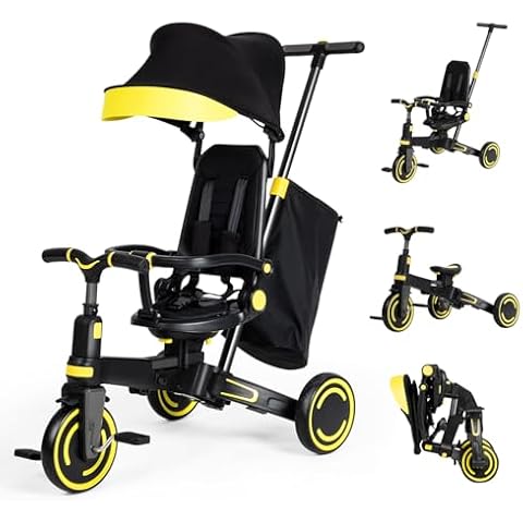 Foldable Baby Tricycle, 8-in-1 Kids Tricycle with Adjustable Push Handle, Removable Canopy, Safety Harness, Storage Hanging Bag, 1-Step Brake Pedal, Bike Gift for Toddlers 10 Months - 5 Year Old Cover