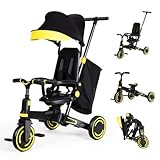 Foldable Baby Tricycle, 8-in-1 Kids Tricycle with Adjustable Push Handle, Removable Canopy, Safety Harness, Storage Hanging Bag, 1-Step Brake Pedal, Bike Gift for Toddlers 10 Months - 5 Year Old